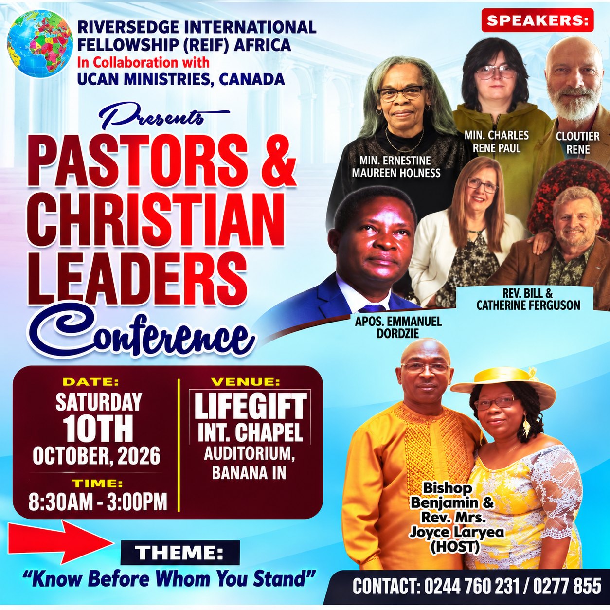 Flyer: Pastors & Christian Leaders Conference, Saturday 10 October 2026, 8:30am–3:00pm, Lifegift International Chapel Auditorium, Banana Inn. Theme: Know Before Whom You Stand